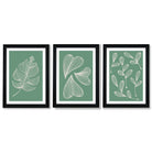 Set of 3 Green Minimal Sketch Leaves  Framed Art Prints with Vermeer Black Frames