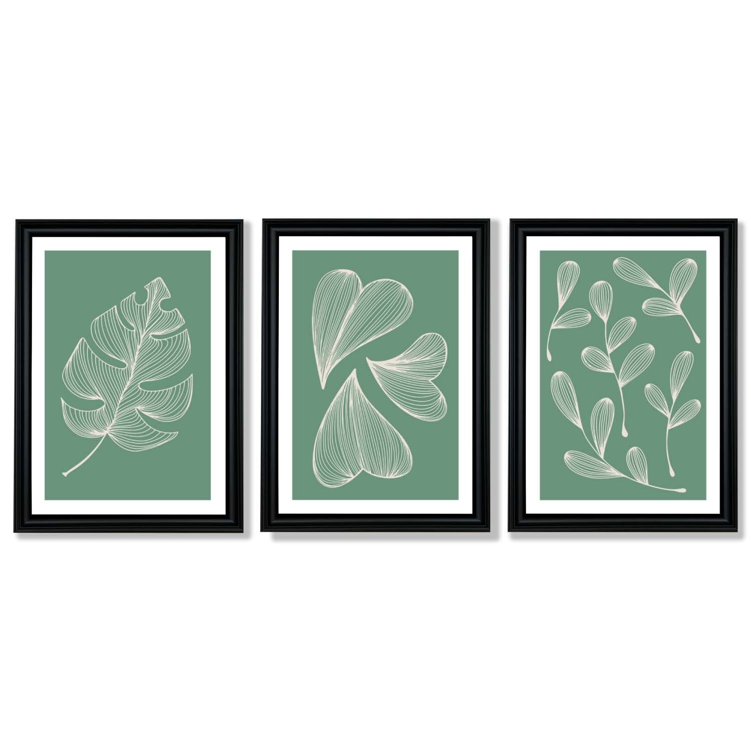 Set of 3 Green Minimal Sketch Leaves  Framed Art Prints with Vermeer Black Frames