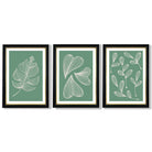 Set of 3 Green Minimal Sketch Leaves  Framed Art Prints with Vermeer Black and Gold Frames