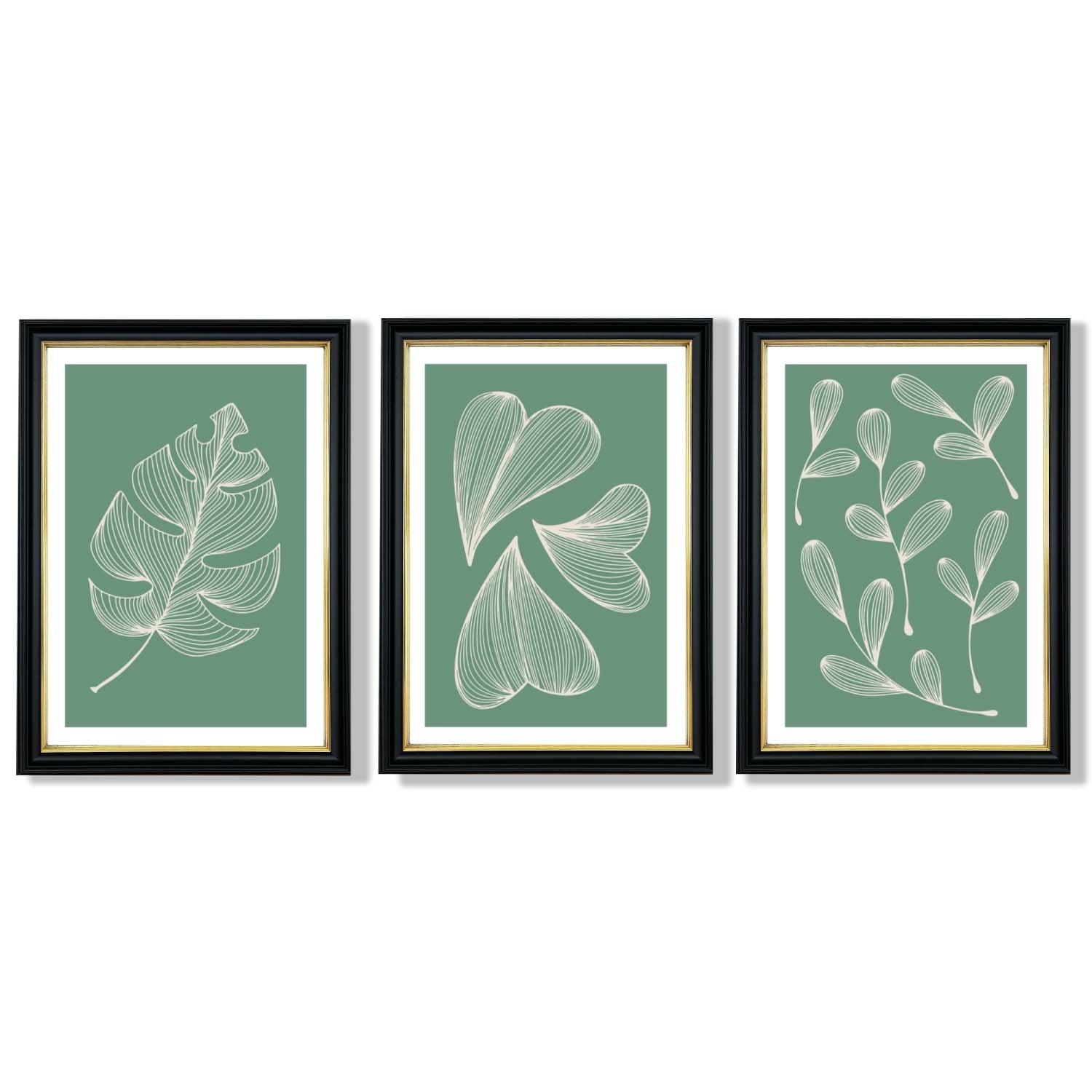 Set of 3 Green Minimal Sketch Leaves  Framed Art Prints with Vermeer Black and Gold Frames