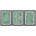 Set of 3 Green Minimal Sketch Leaves  Framed Art Prints with Vermeer Black and Silver Frames