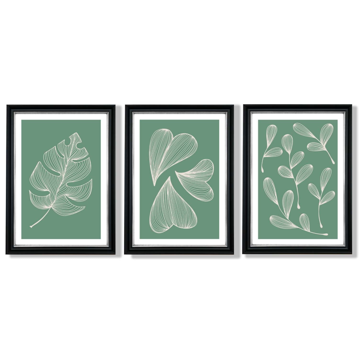 Set of 3 Green Minimal Sketch Leaves  Framed Art Prints with Vermeer Black and Silver Frames