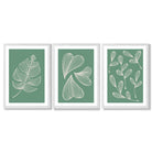 Set of 3 Green Minimal Sketch Leaves  Framed Art Prints with White Wooden Frames