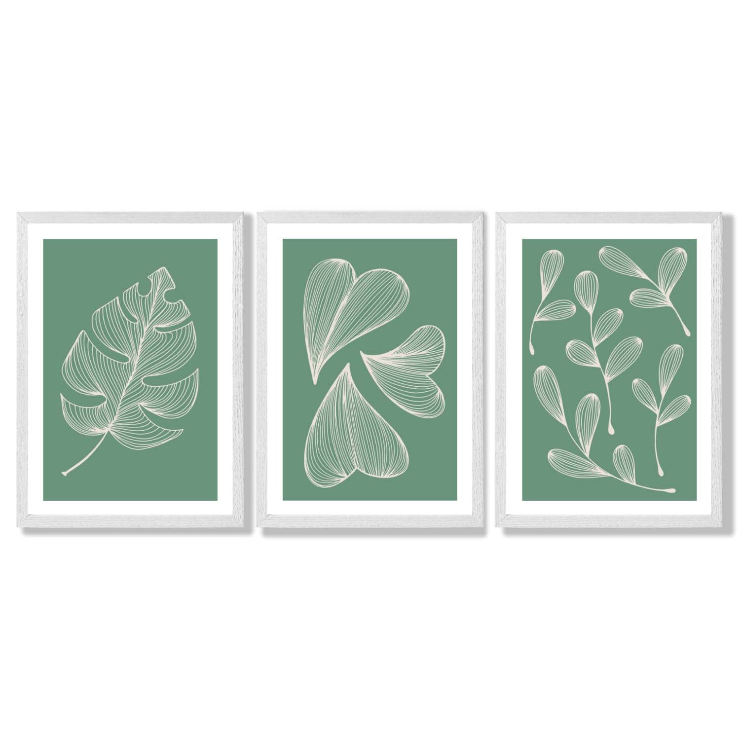 Set of 3 Green Minimal Sketch Leaves  Framed Art Prints with White Wooden Frames