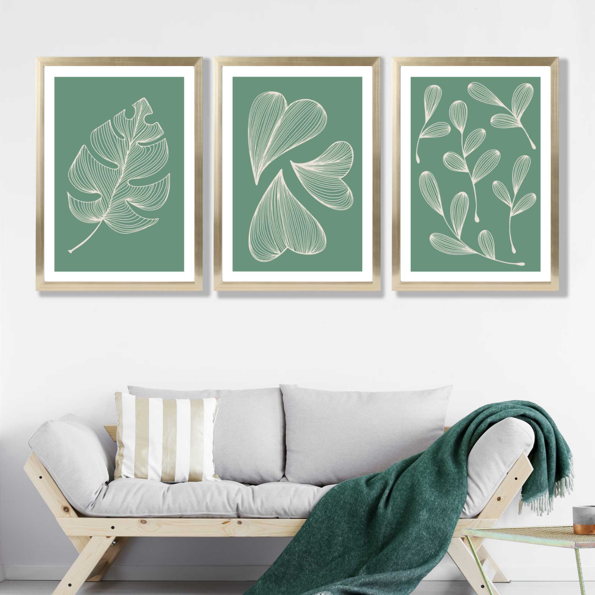 Set of 3 Green Minimal Sketch Leaves  Art Prints in Luxury Frames | Artze UK