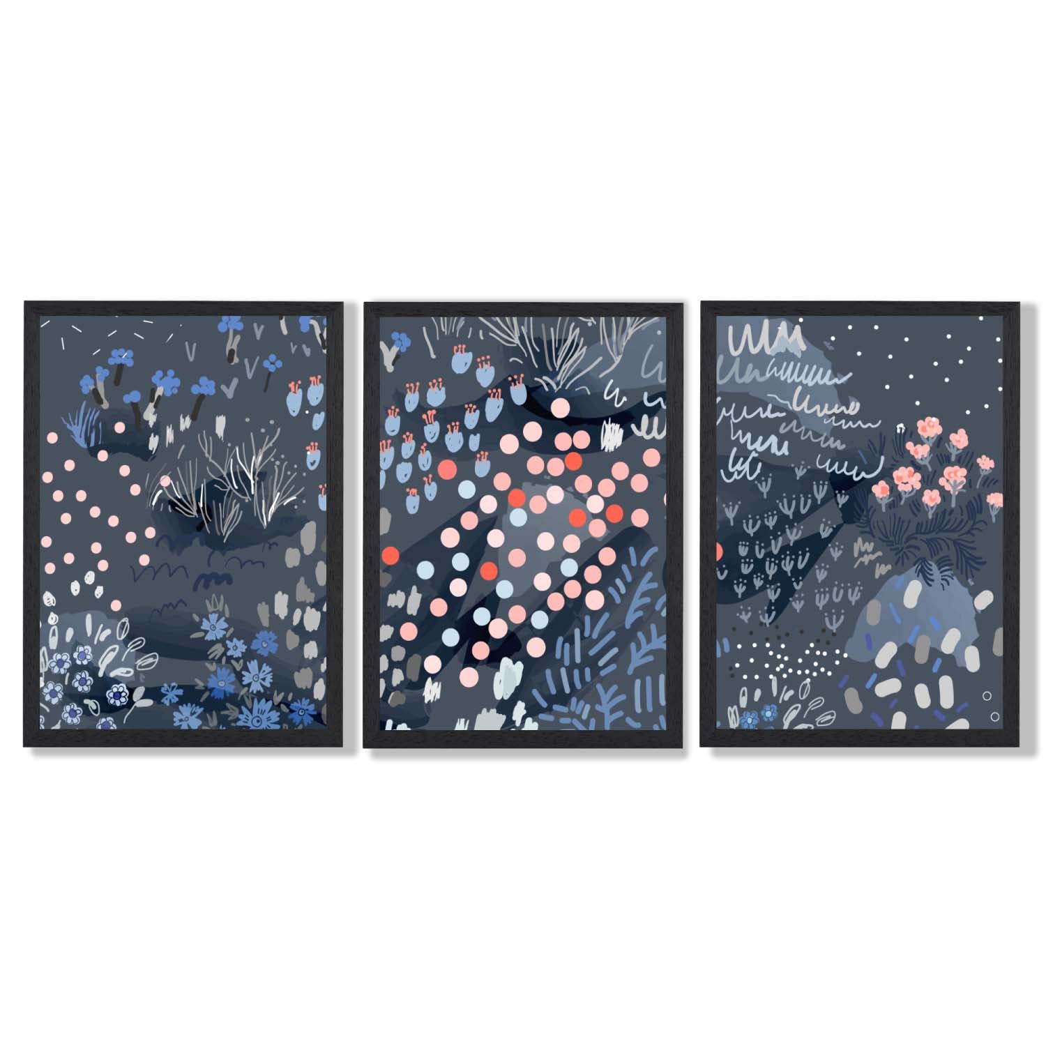 Set of 3 Abstract Midnight Garden Framed Art Prints with Black Wooden Frames