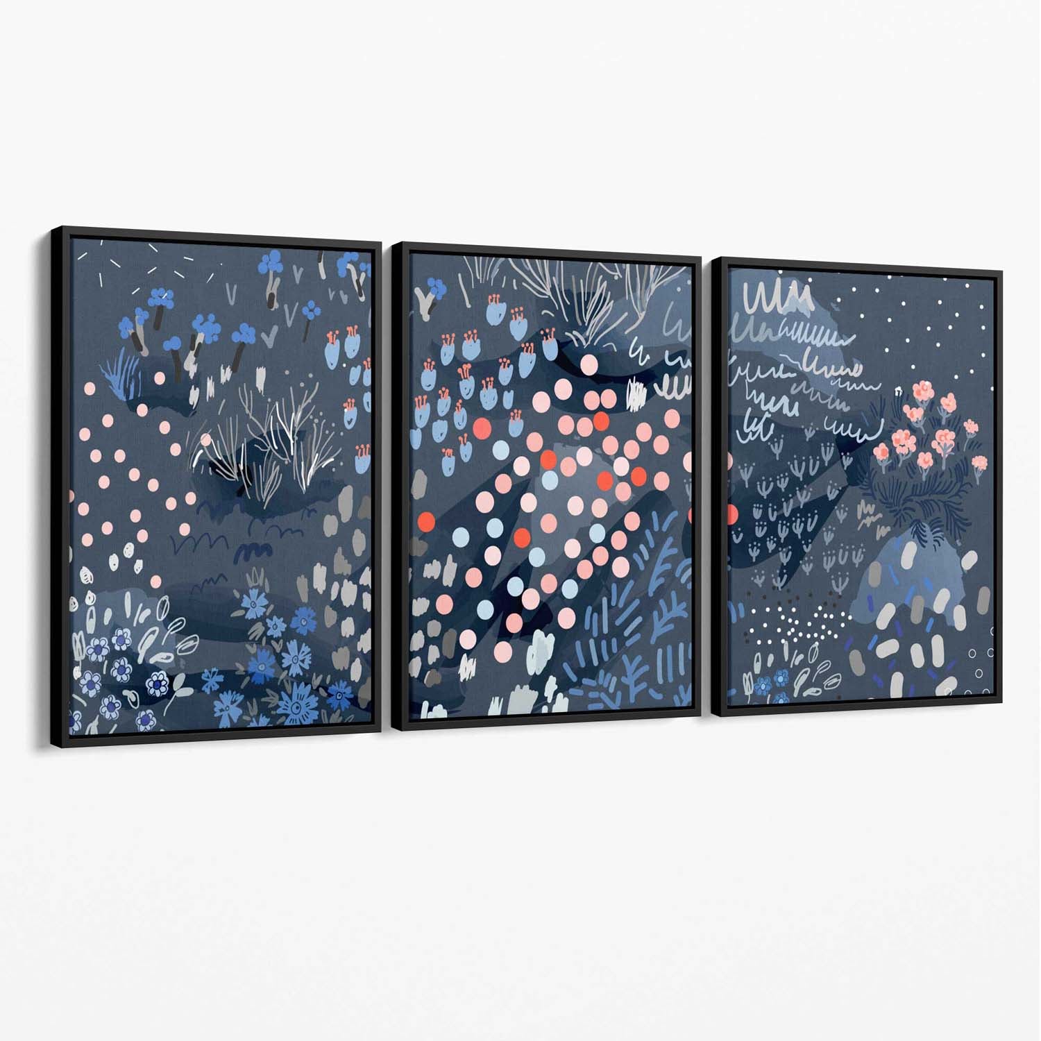 Set of 3 Abstract Midnight Garden Canvas Art Prints with Black Float Frame