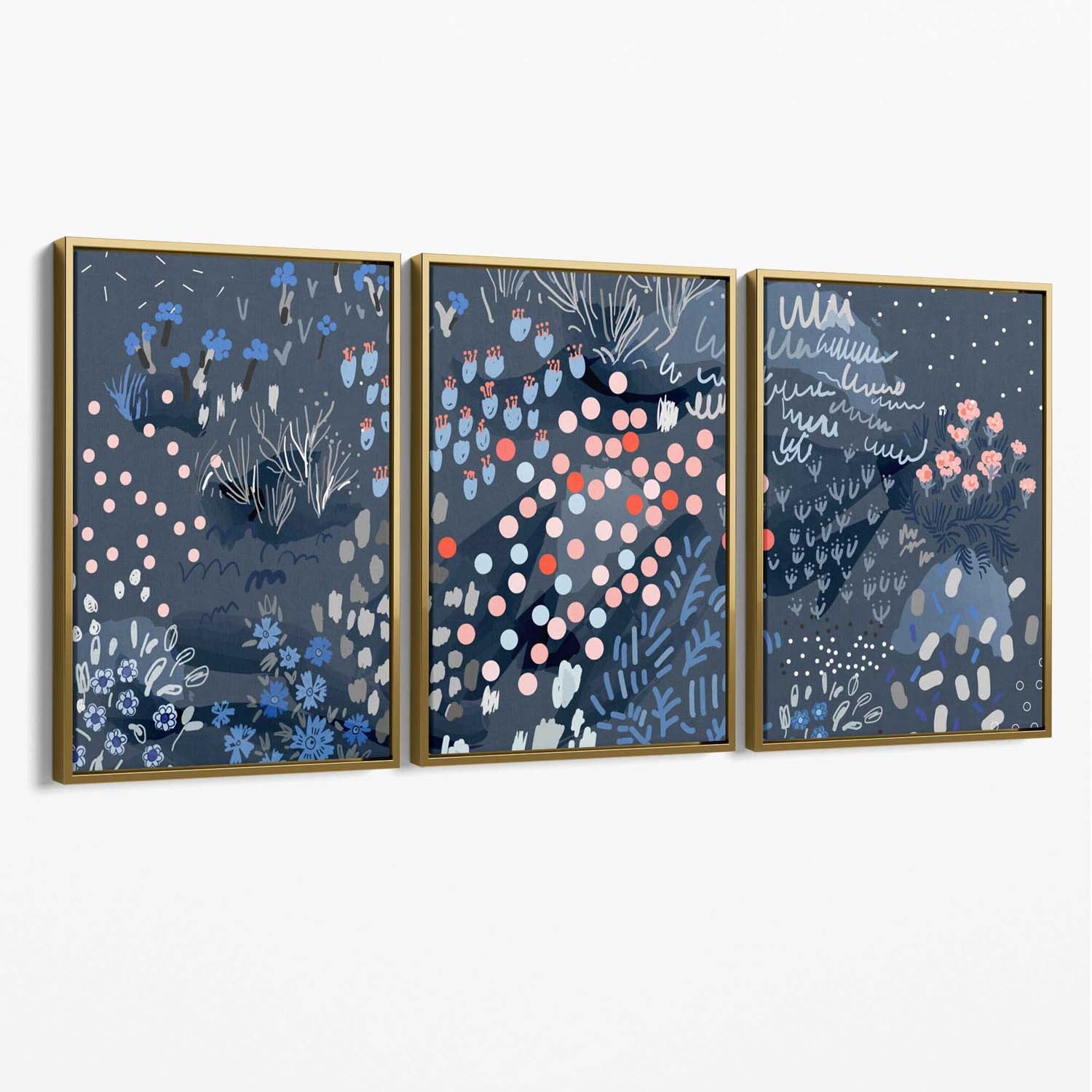 Set of 3 Abstract Midnight Garden Canvas Art Prints with Gold Float Frame