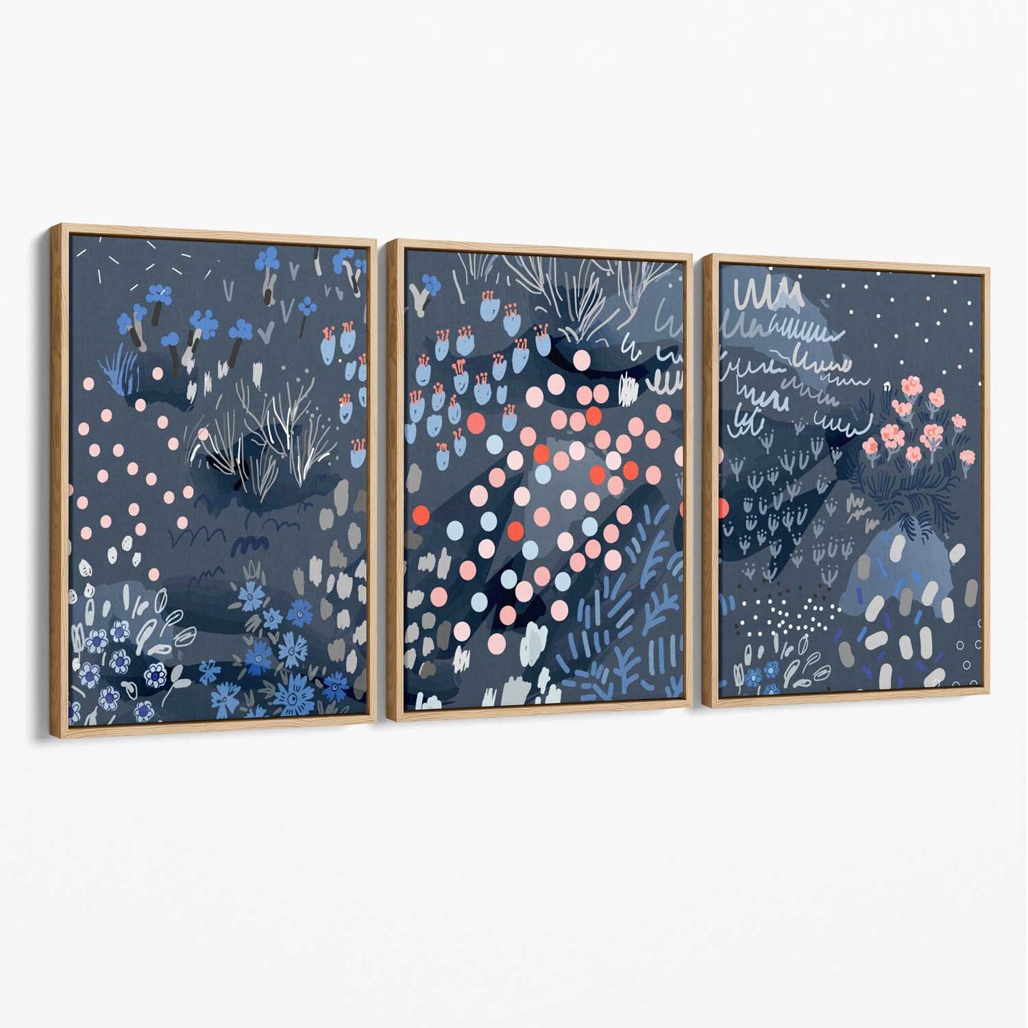 Set of 3 Abstract Midnight Garden Canvas Art Prints with Oak Float Frame