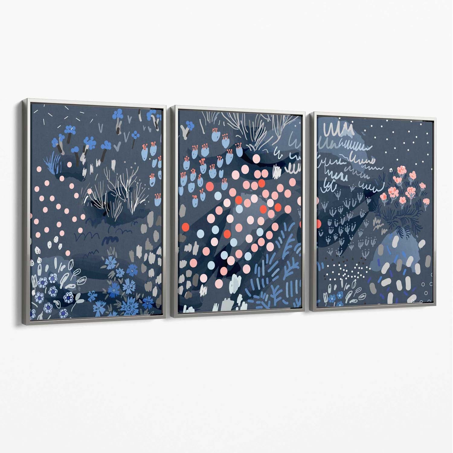 Set of 3 Abstract Midnight Garden Canvas Art Prints with Silver Float Frame