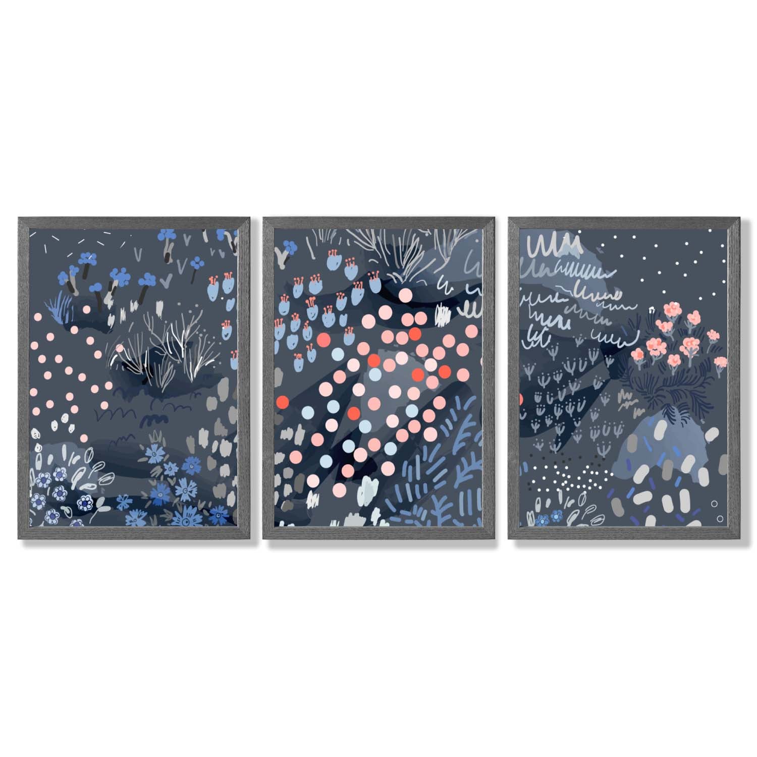 Set of 3 Abstract Midnight Garden Framed Art Prints with Dark Grey Wooden Frames