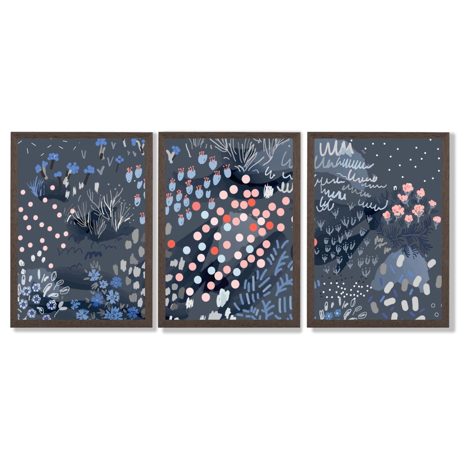 Set of 3 Abstract Midnight Garden Framed Art Prints with Dark Wood Frames