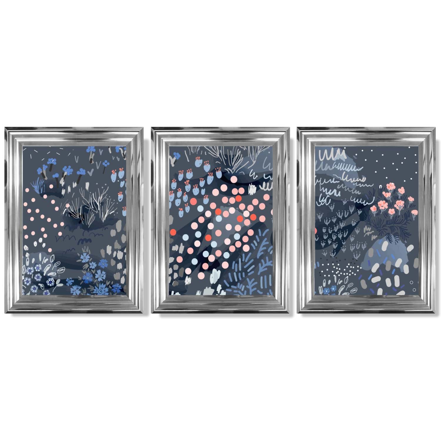 Set of 3 Abstract Midnight Garden Framed Art Prints with Glossy Chrome Frames