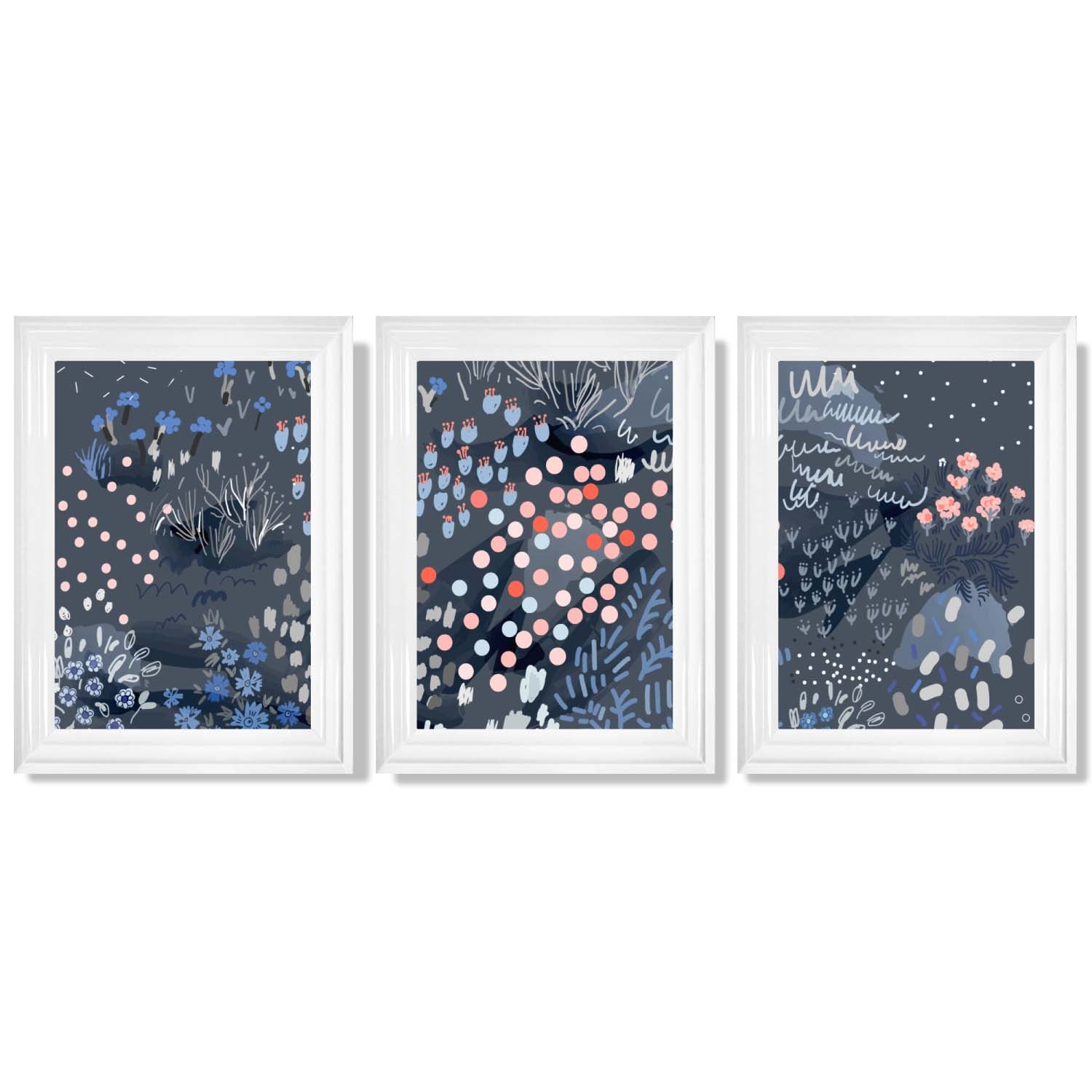 Set of 3 Abstract Midnight Garden Framed Art Prints with Glossy White Frames