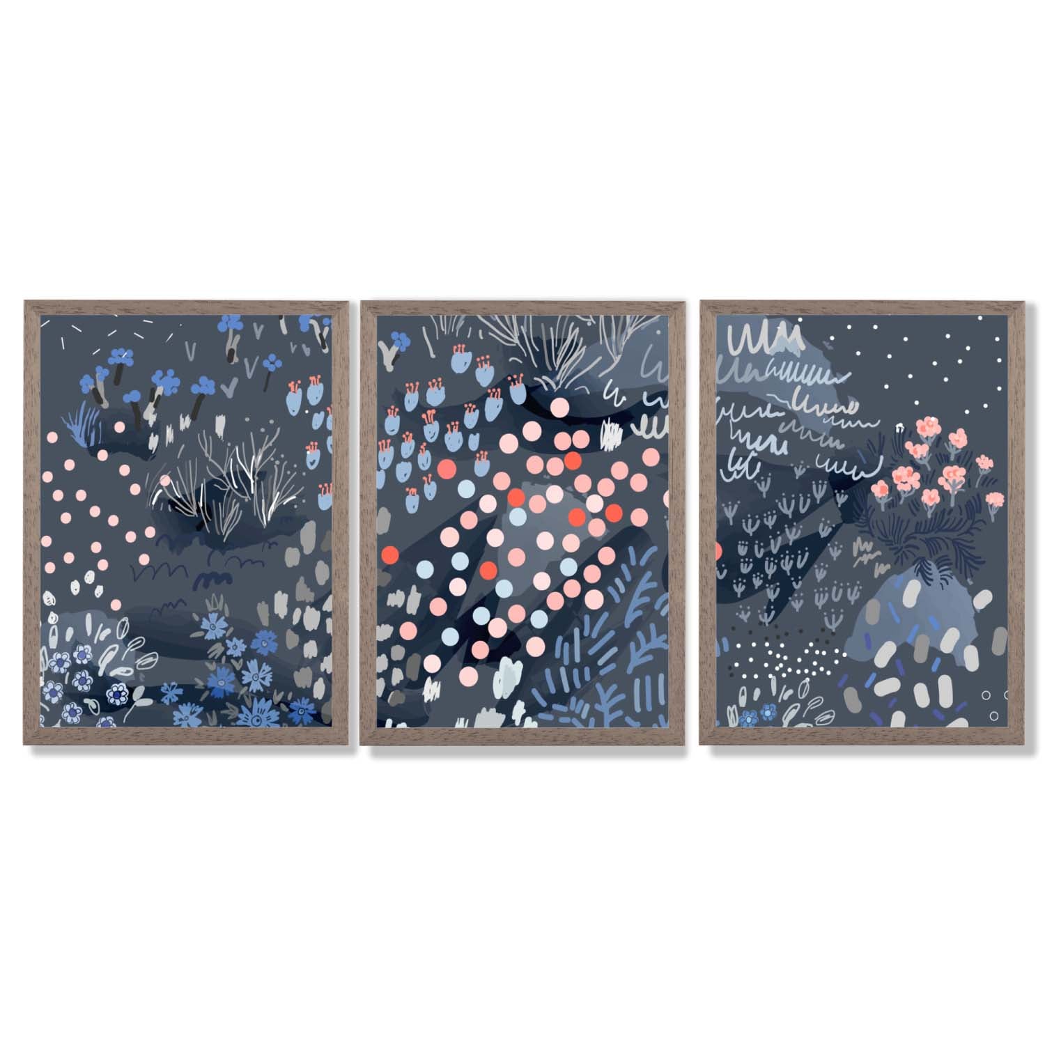 Set of 3 Abstract Midnight Garden Framed Art Prints with Light Walnut Frames