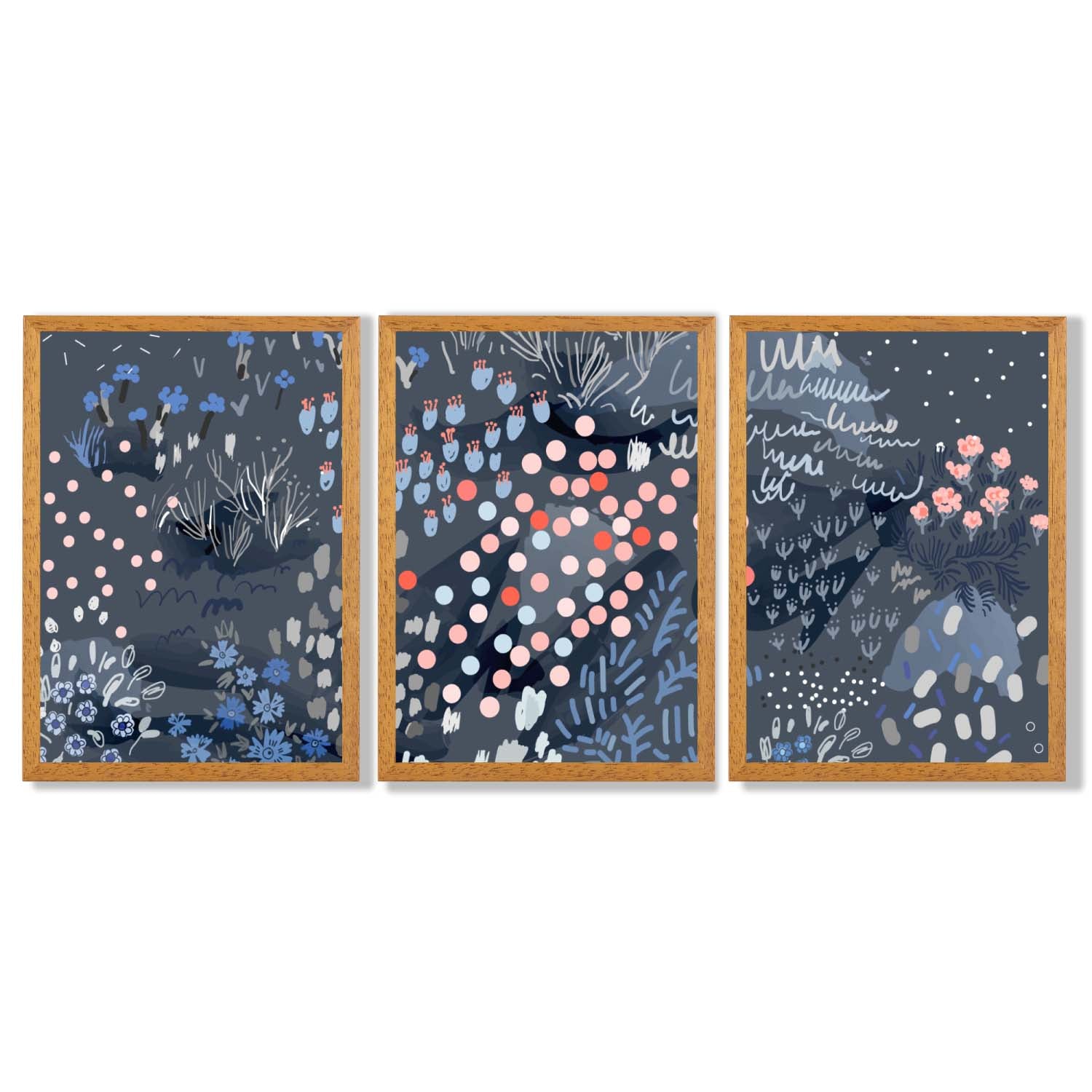 Set of 3 Abstract Midnight Garden Framed Art Prints with Oak Wooden Frames