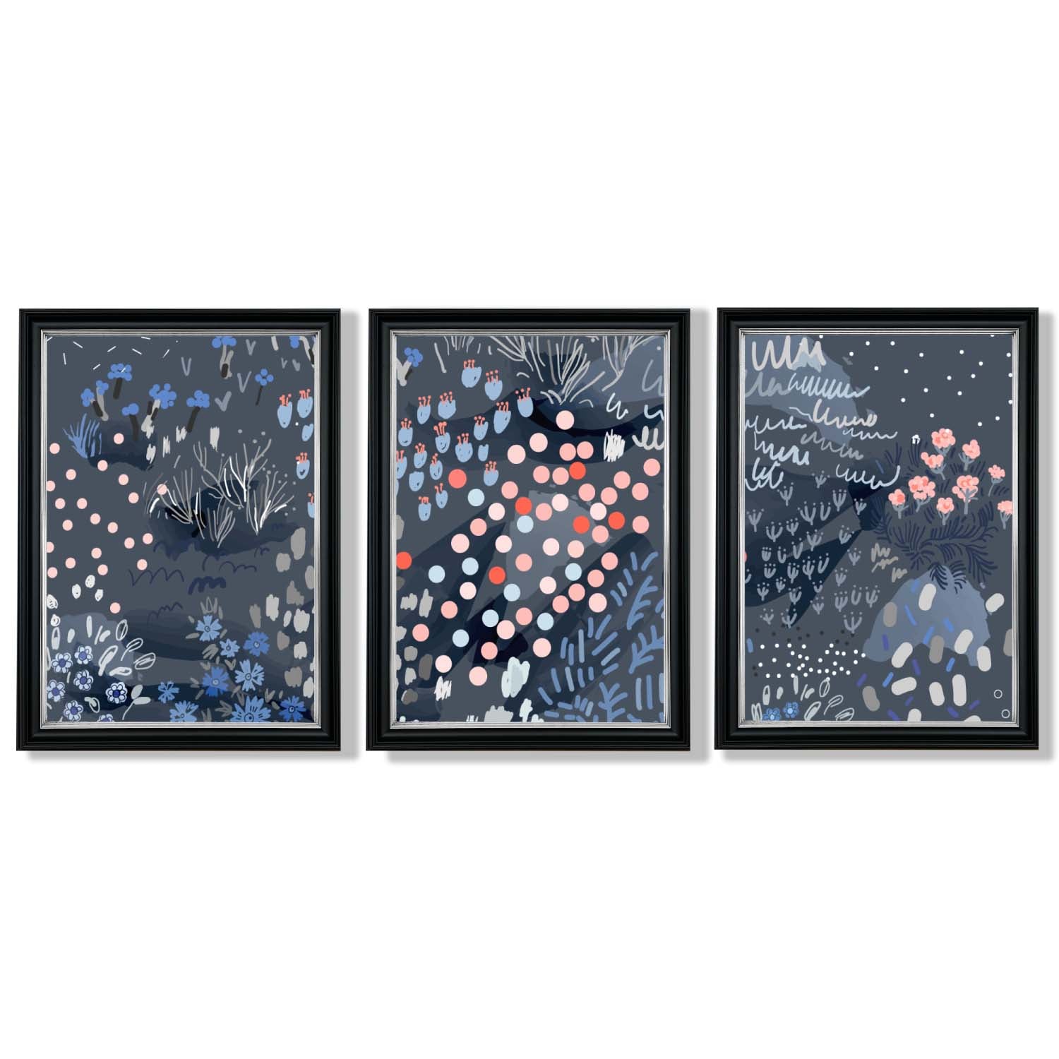 Set of 3 Abstract Midnight Garden Framed Art Prints with Vermeer Black and Silver Frames