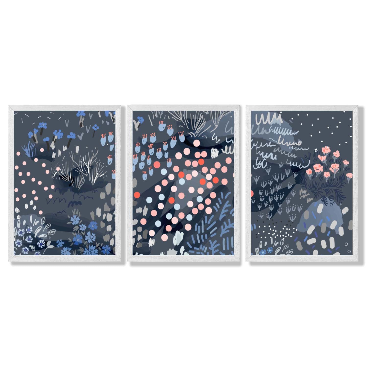 Set of 3 Abstract Midnight Garden Framed Art Prints with White Wooden Frames