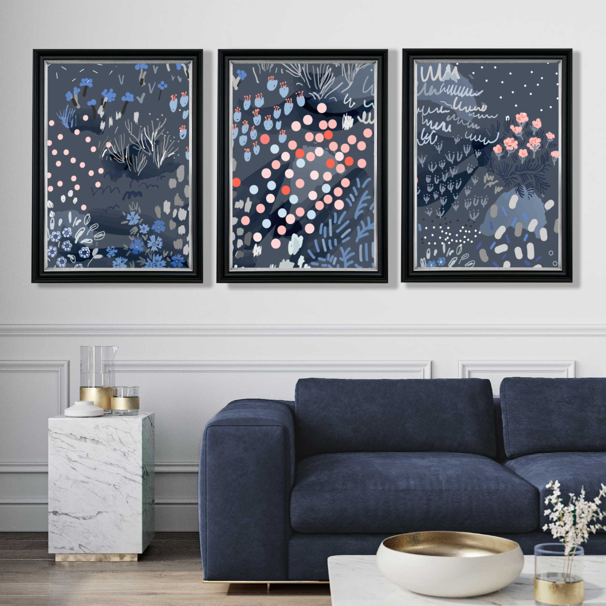 Set of 3 Abstract Midnight Garden Art Prints in Luxury Frames | Artze UK