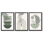 Set of 3 Mid Century Modern Green Floral Framed Art Prints with Black Wooden Frames