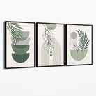 Set of 3 Mid Century Modern Green Floral Canvas Art Prints with Black Float Frame