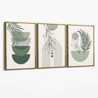 Set of 3 Mid Century Modern Green Floral Canvas Art Prints with Gold Float Frame