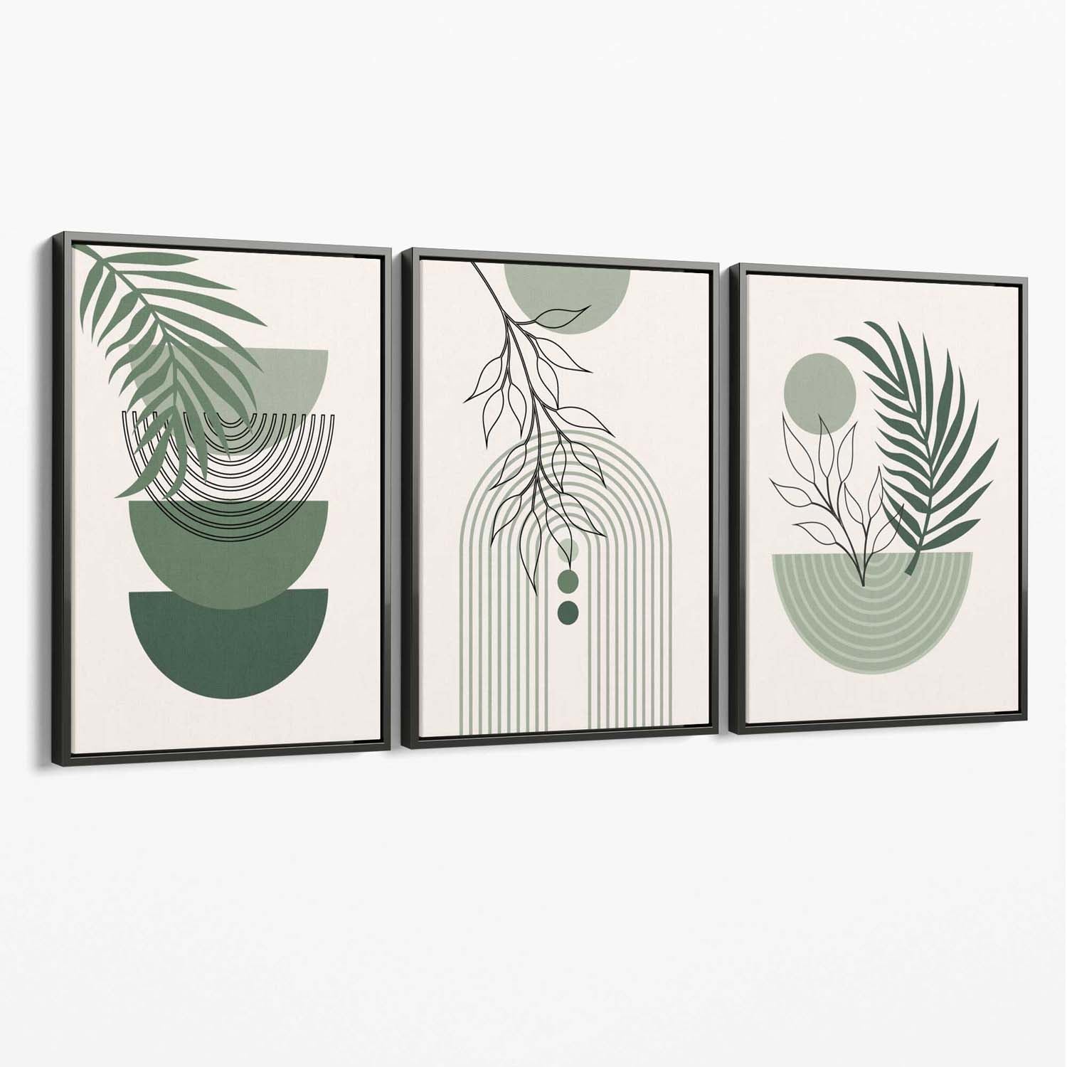 Set of 3 Mid Century Modern Green Floral Canvas Art Prints with Grey Float Frame