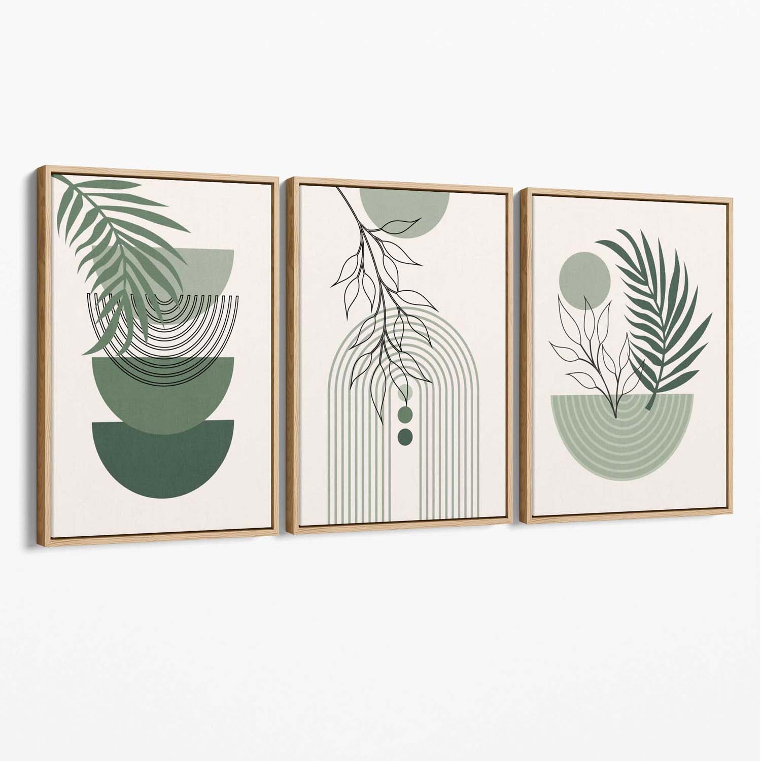 Set of 3 Mid Century Modern Green Floral Canvas Art Prints with Oak Float Frame