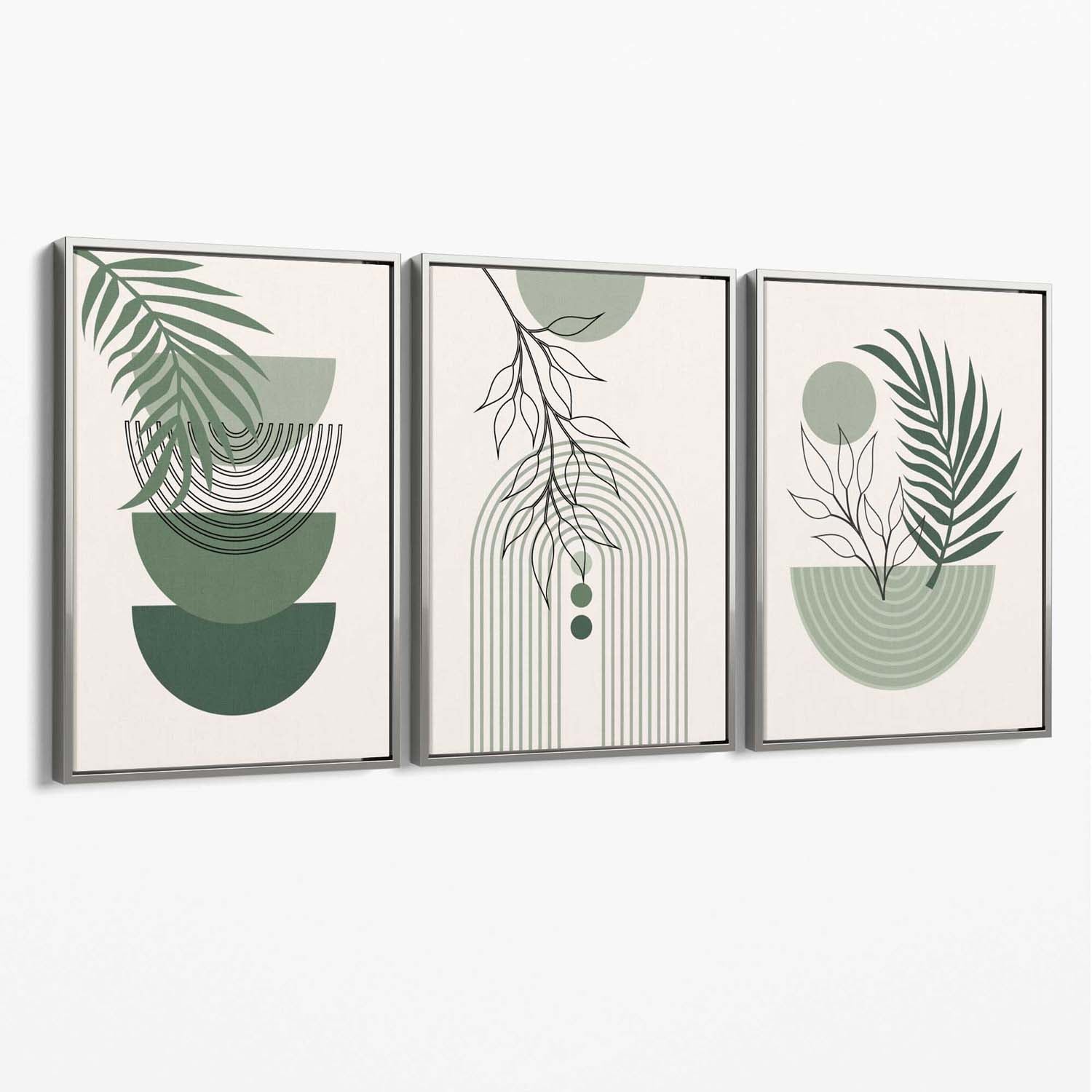 Set of 3 Mid Century Modern Green Floral Canvas Art Prints with Silver Float Frame