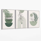 Set of 3 Mid Century Modern Green Floral Canvas Art Prints with White Float Frame