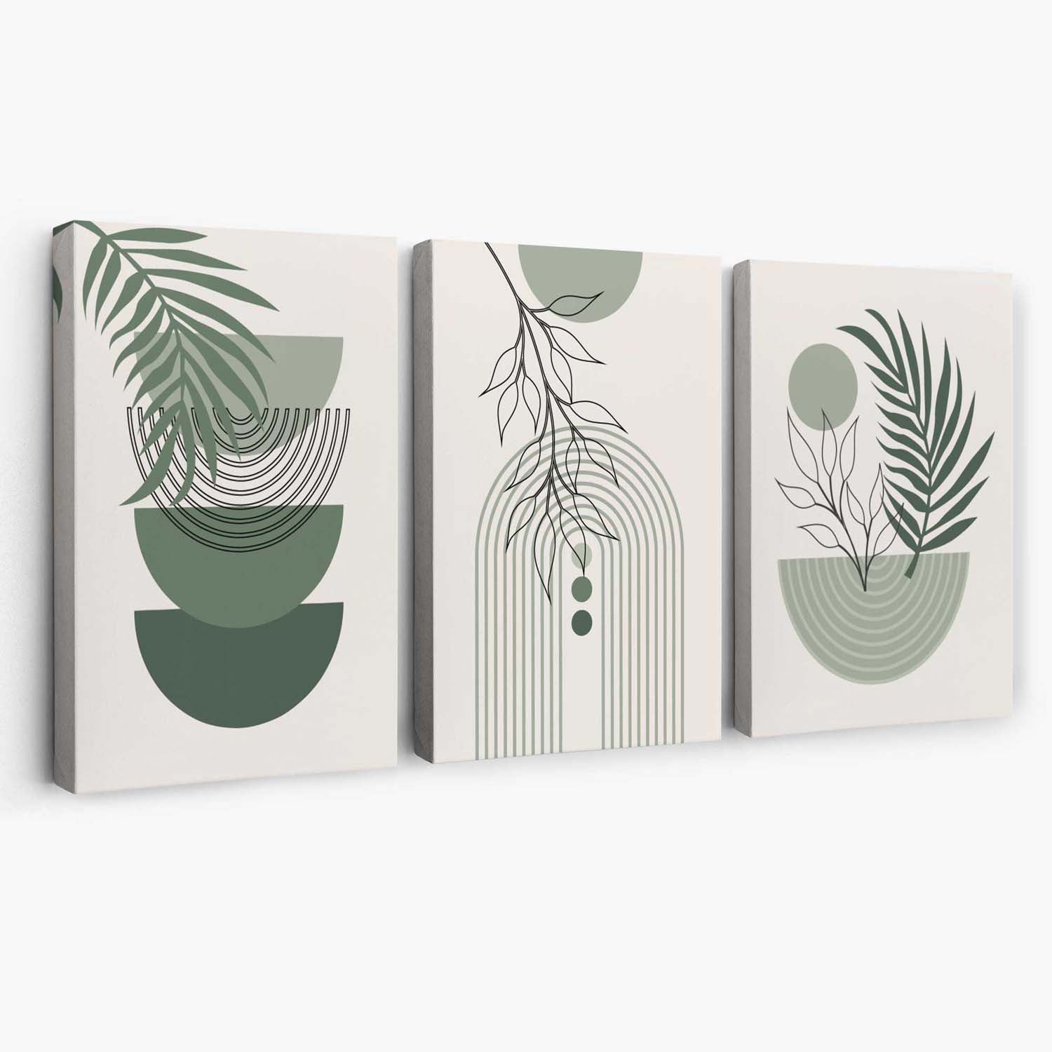 Set of 3 Mid Century Modern Green Floral Canvas Art Prints | Artze Wall Art