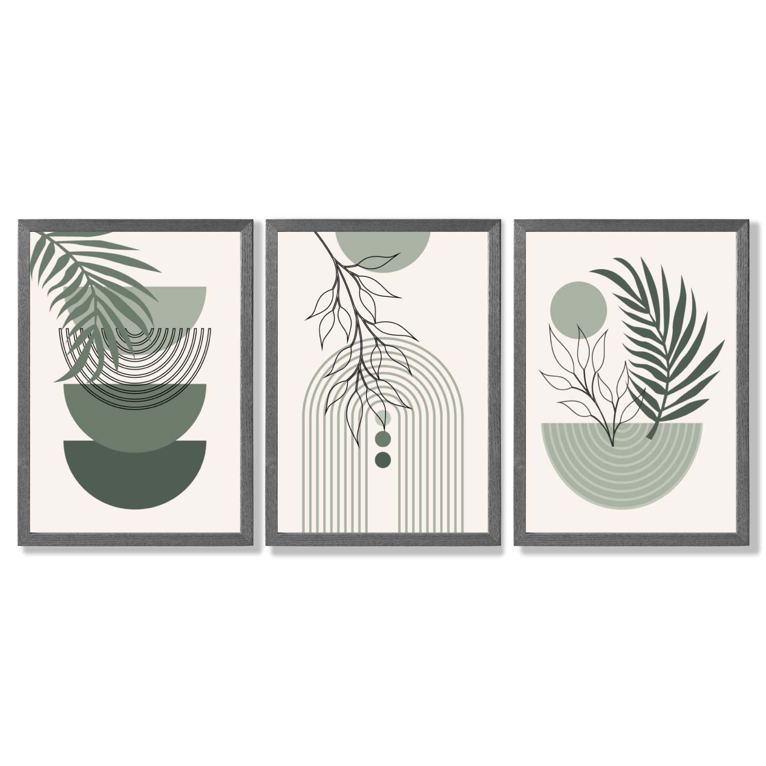 Set of 3 Mid Century Modern Green Floral Framed Art Prints with Dark Grey Wooden Frames