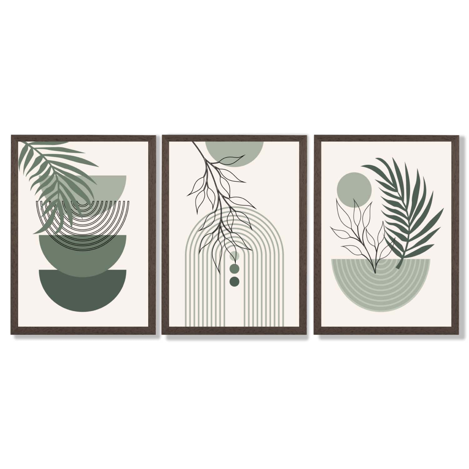 Set of 3 Mid Century Modern Green Floral Framed Art Prints with Dark Wood Frames