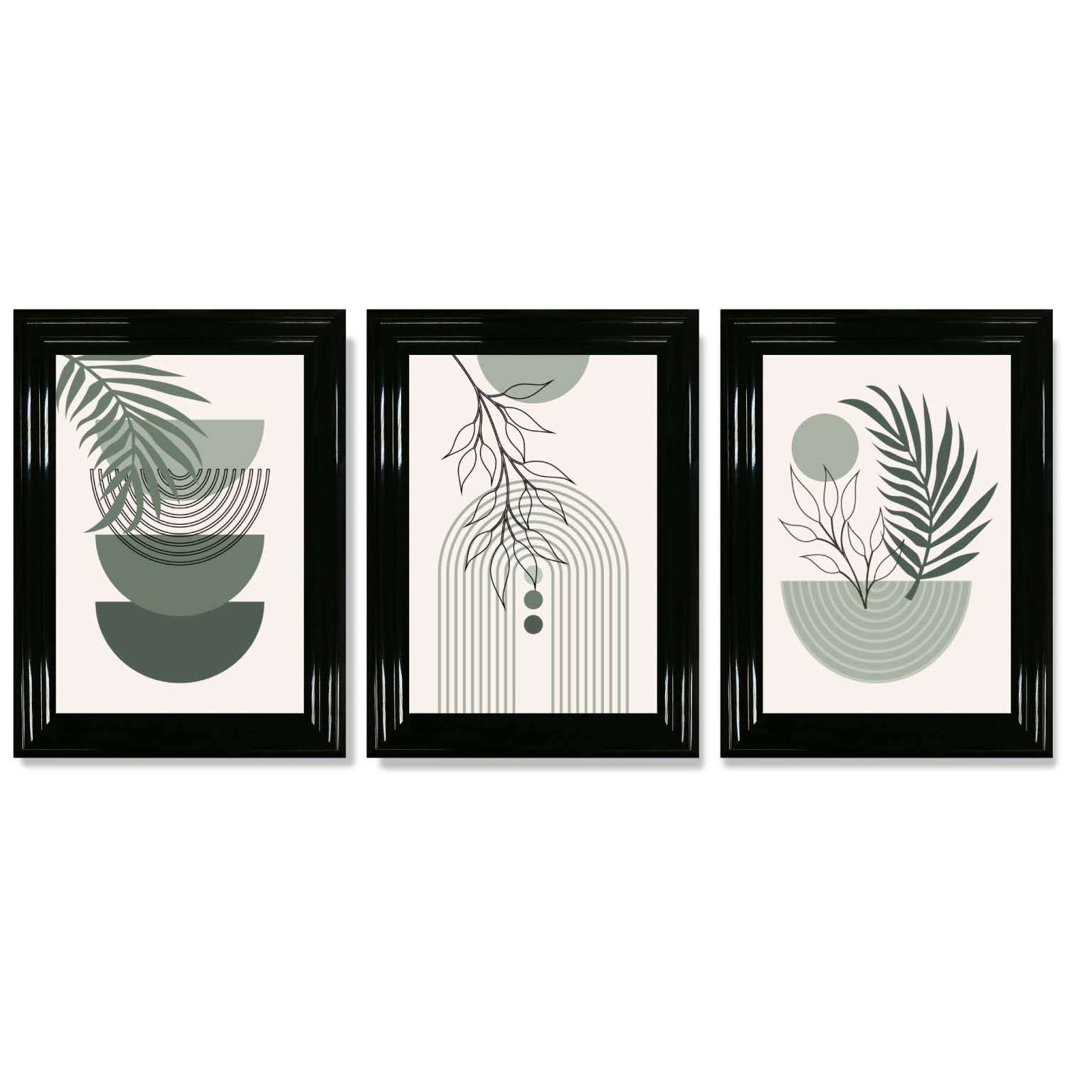 Set of 3 Mid Century Modern Green Floral Framed Art Prints with Glossy Black Frames