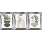 Set of 3 Mid Century Modern Green Floral Framed Art Prints with Glossy Chrome Frames