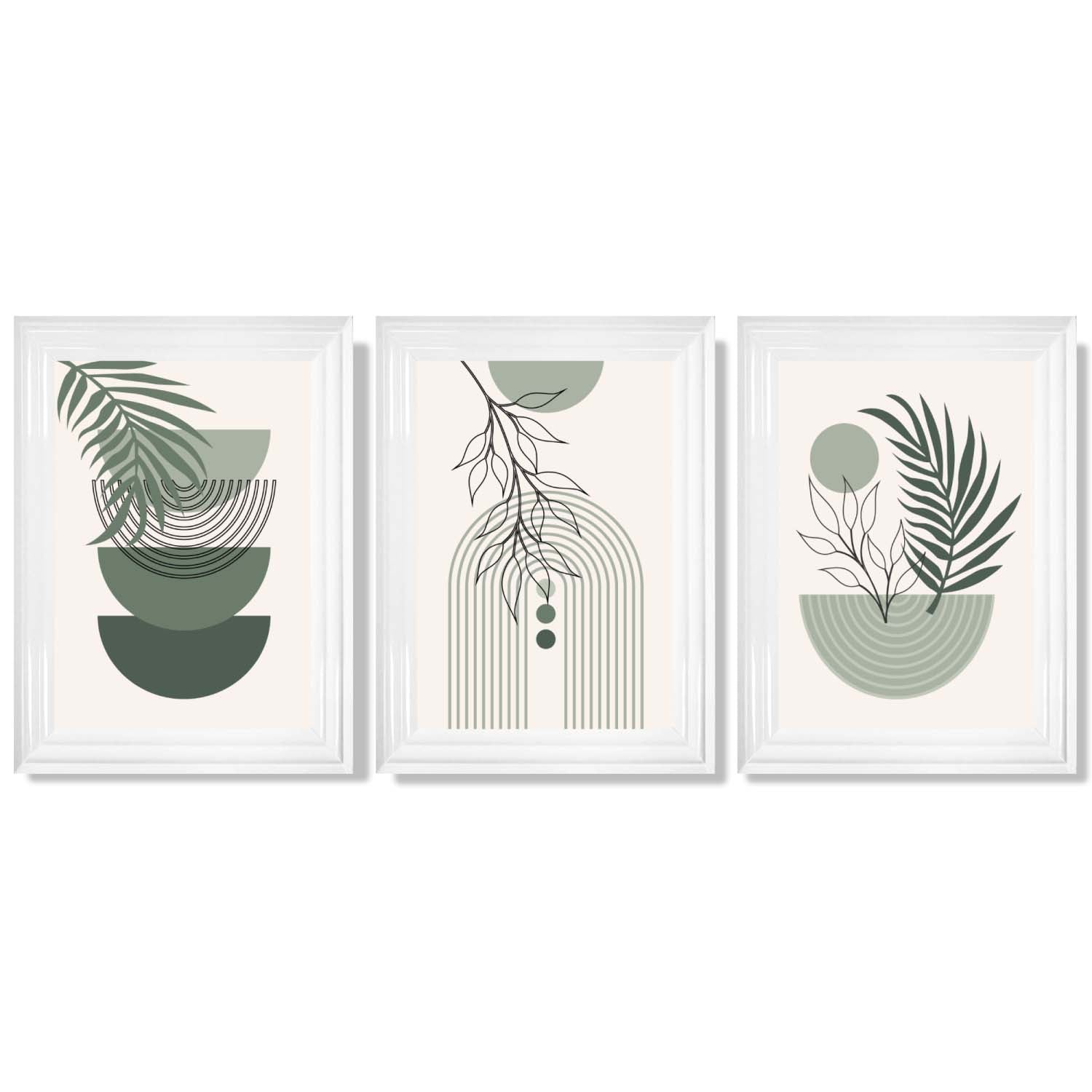 Set of 3 Mid Century Modern Green Floral Framed Art Prints with Glossy White Frames