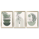 Set of 3 Mid Century Modern Green Floral Framed Art Prints with Gold Wood Frames