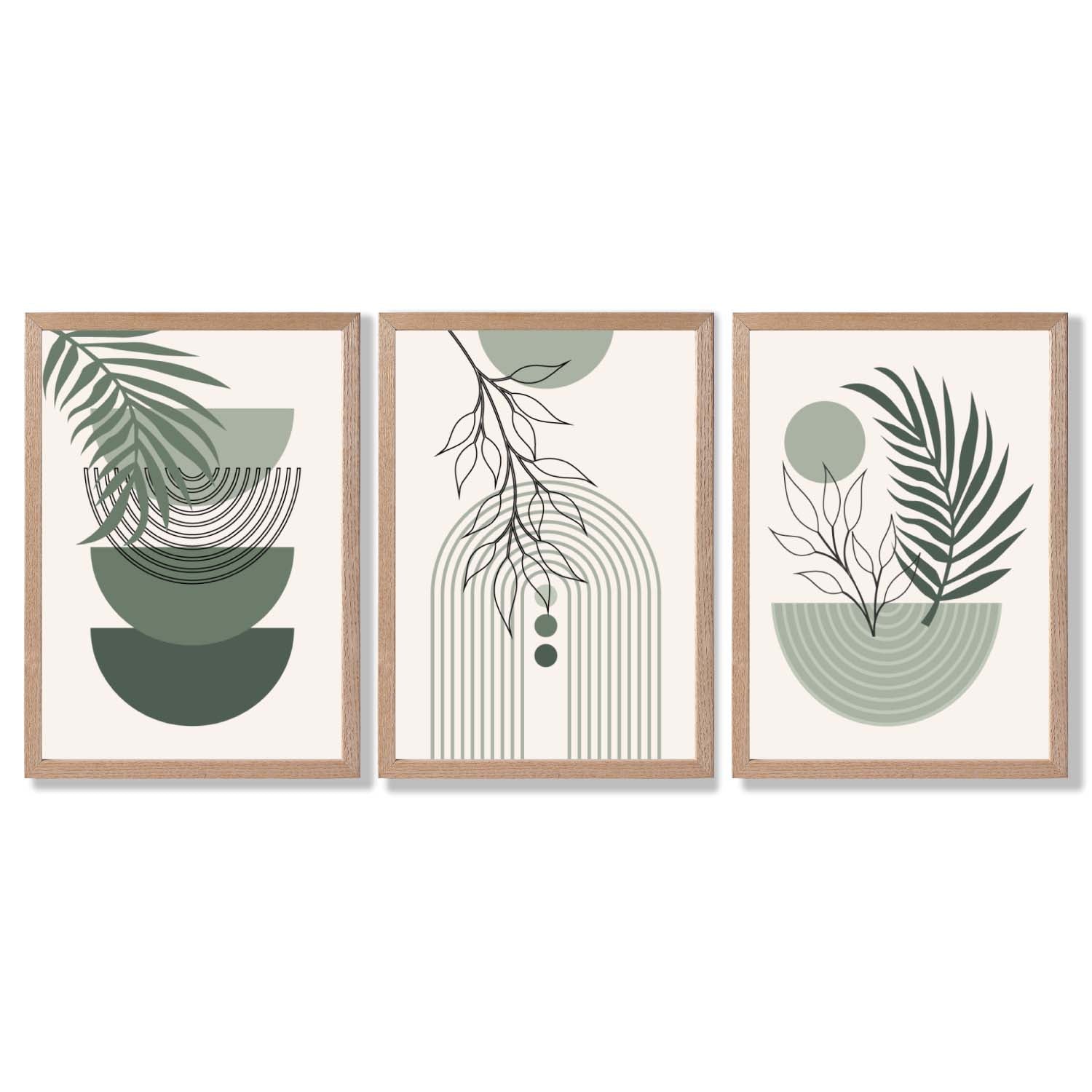 Set of 3 Mid Century Modern Green Floral Framed Art Prints with Light Oak Frames