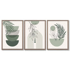 Set of 3 Mid Century Modern Green Floral Framed Art Prints with Light Walnut Frames