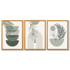 Set of 3 Mid Century Modern Green Floral Framed Art Prints with Oak Wooden Frames