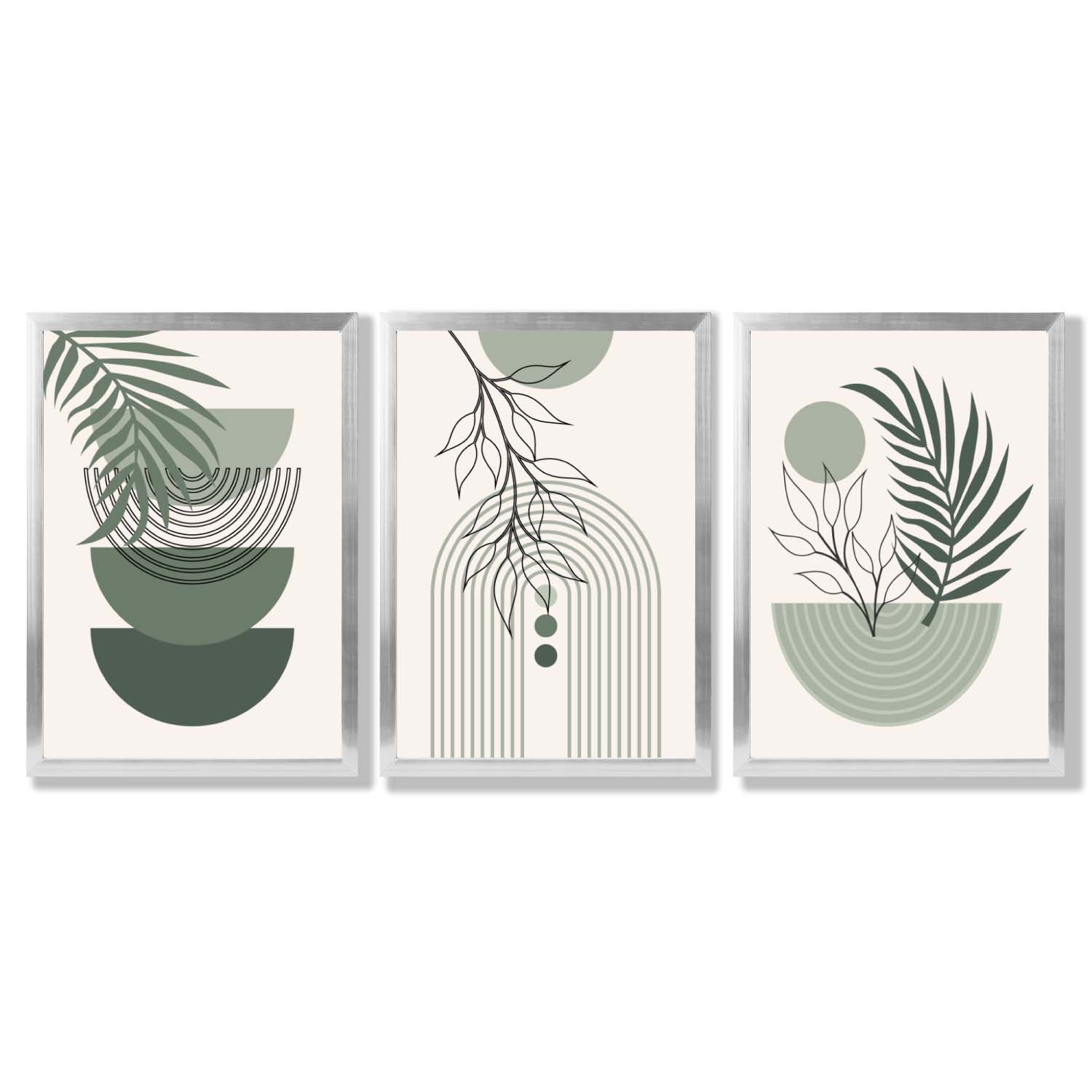 Set of 3 Mid Century Modern Green Floral Framed Art Prints with Silver Wood Frames