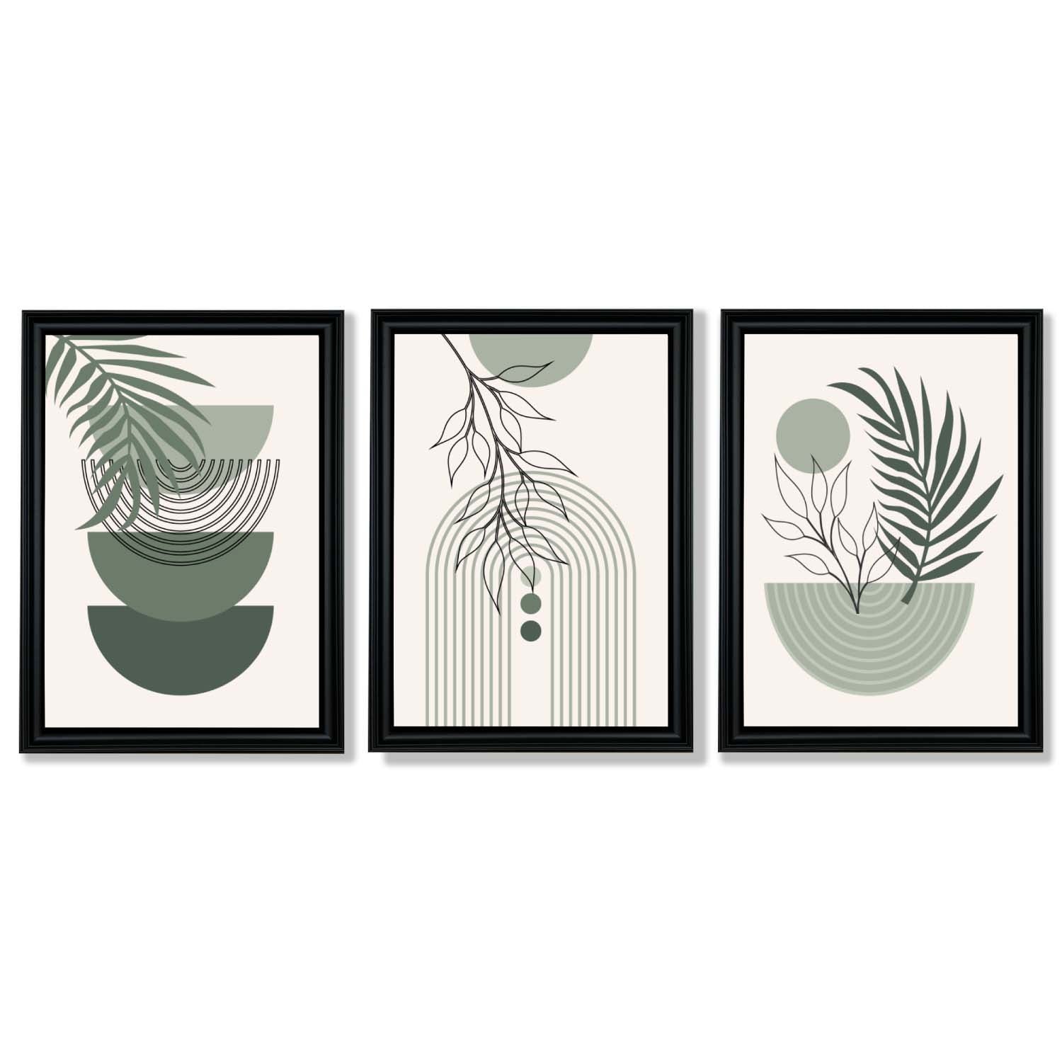 Set of 3 Mid Century Modern Green Floral Framed Art Prints with Vermeer Black Frames