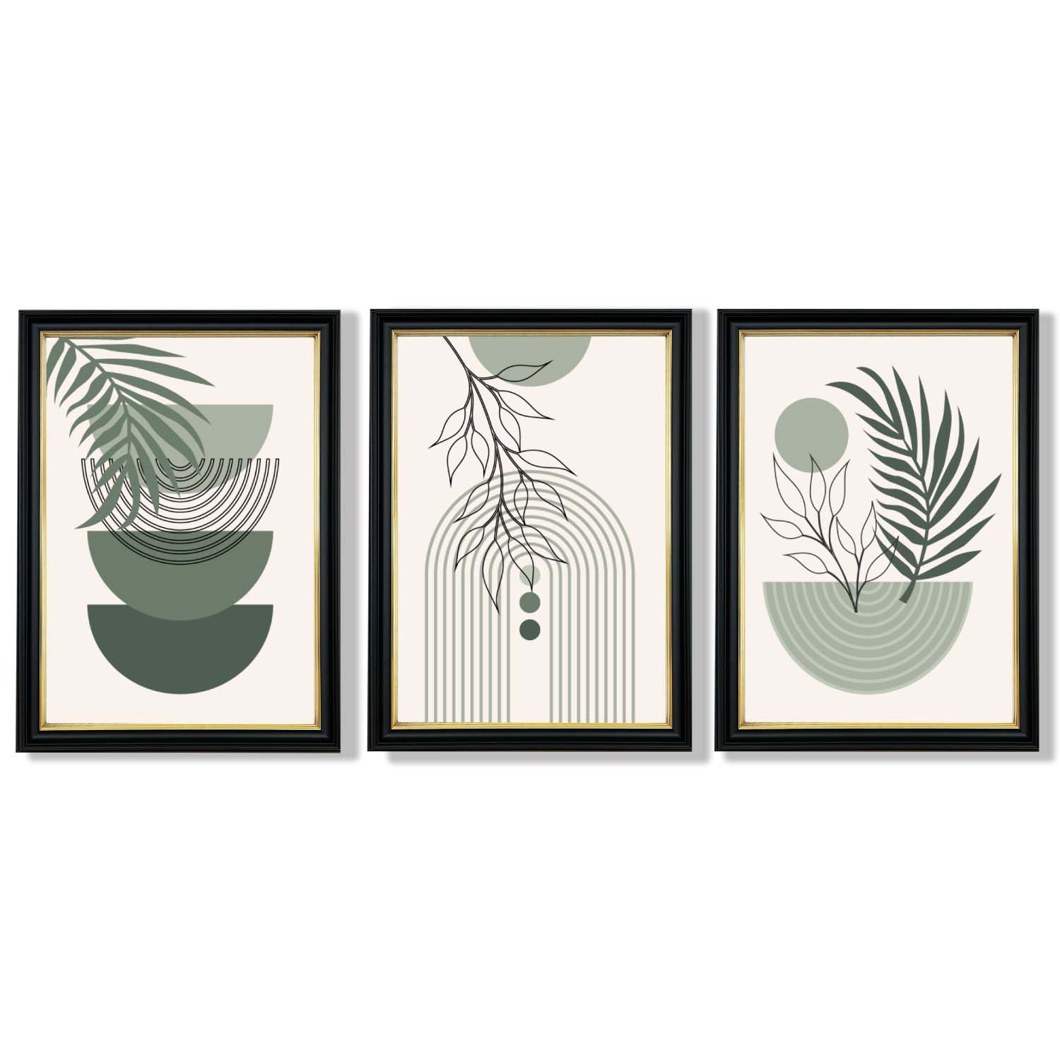 Set of 3 Mid Century Modern Green Floral Framed Art Prints with Vermeer Black and Gold Frames