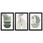 Set of 3 Mid Century Modern Green Floral Framed Art Prints with Vermeer Black and Silver Frames