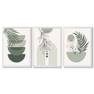 Set of 3 Mid Century Modern Green Floral Framed Art Prints with White Wooden Frames