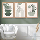 Set of 3 Mid Century Modern Green Floral Art Prints in Luxury Frames | Artze UK