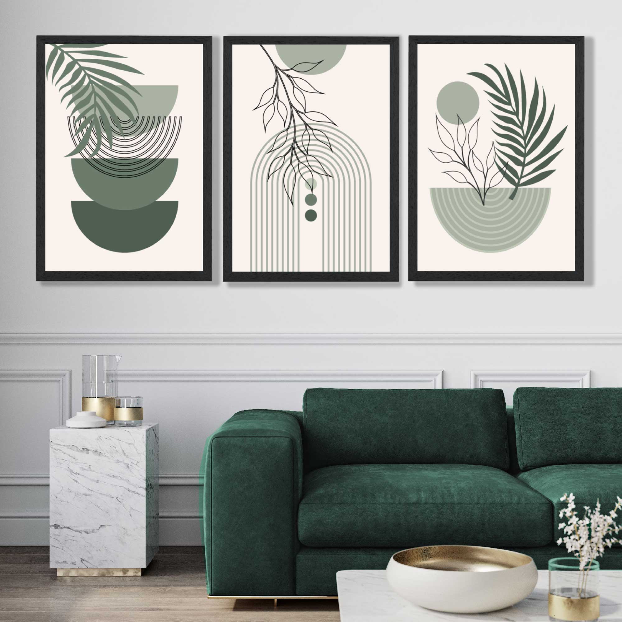 Set of 3 Mid Century Modern Green Floral Art Prints in Black Frames | Artze UK