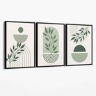 Set of 3 Boho Green and Beige Floral Canvas Art Prints with Black Float Frame