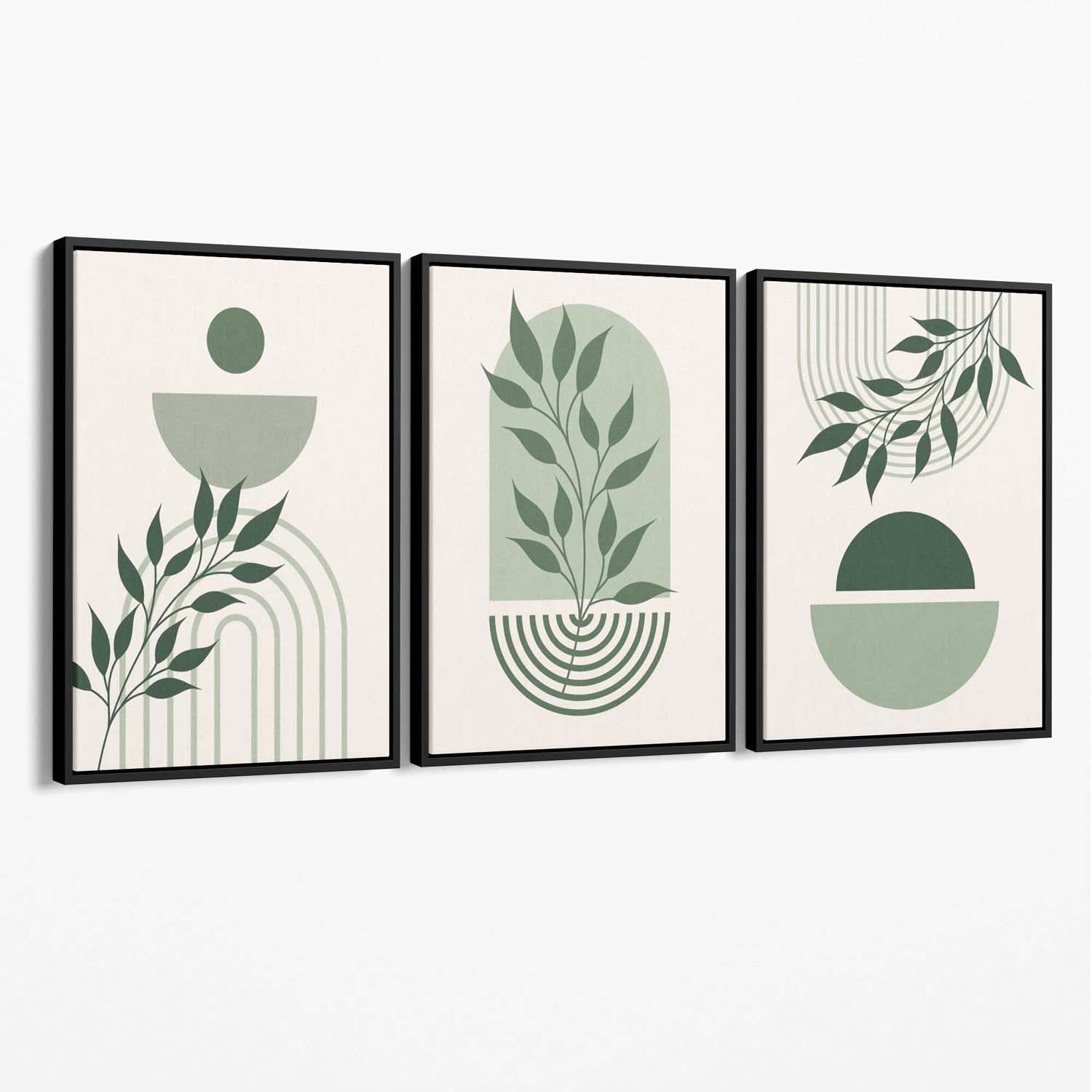 Set of 3 Boho Green and Beige Floral Canvas Art Prints with Black Float Frame