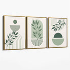 Set of 3 Boho Green and Beige Floral Canvas Art Prints with Gold Float Frame